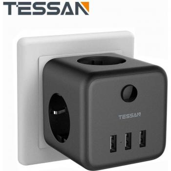 Toma USB Negra TESSAN 6 en 1 con 3 Puertos USB y Interruptor, Hub de Toma de Pared Múltiple Compatible con Teléfono y Tableta