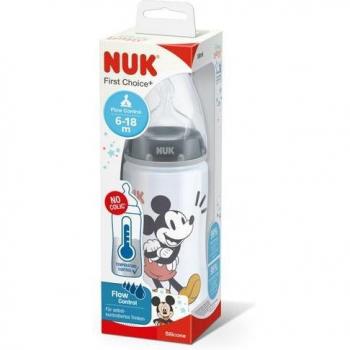Biberón de Silicona NUK Flow Control Mickey para Niños de 6-18 Meses, 300 ml, Gris, 1 Unidad