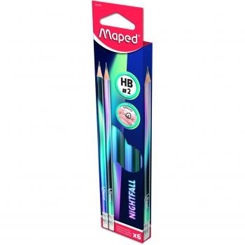 Maped Nightfall HB N.2 Lápices de Grafito con Goma, Triangulares, Surtidos en Blister de 6 Unidades