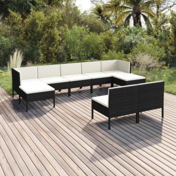 9-Piece Black Poly Rattan Garden Lounge Set with Cushions