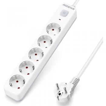 Regleta de Enchufes Aigostar de 5 Salidas con Interruptor y Cable de 3 Metros, Blanca o Negra