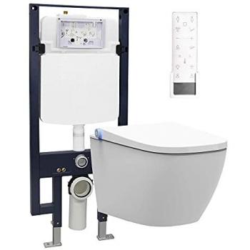 Inodoro Japonés Suspendido Bernstein PRO+ 1104 con Mando a Distancia, Filtro de Olores y Secador - Paquete Completo con Elemento de Pared G3008 y Placa de Comando Negra Modelo