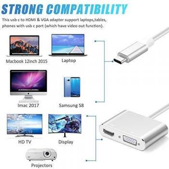 Convertidor de vídeo 2 en 1 USB 3.1 tipo C a VGA HDMI 4K, adaptador Plug and Play, adaptador USB-C a HDMI VGA, con funda de aluminio para MacBook ChromeBook Pixel, Sumsang S8 u otros