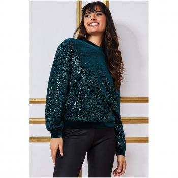 Goddiva Sequin Velvet Jumper - Emerald Green