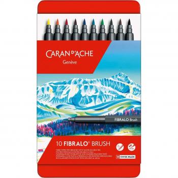 Caja de 10 Rotuladores Punta Pincel Caran d'Ache Fibralo - Estuche Metálico