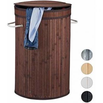 Cesto de Ropa Sucia Plegable con Tapa de Bambú, Redondo, 65 Litros, Ø 40 cm, Marrón