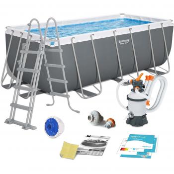 Piscina Tubular Rectangular Bestway Power Steel 412x201x122 cm con Depuradora de Arena, Escalera y Dispensador Químico Color Gris