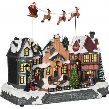 Pueblo Navideño Escena con Luces LED Papá Noel y Renos Móvil 38,5x20,5x33cm Multicolor