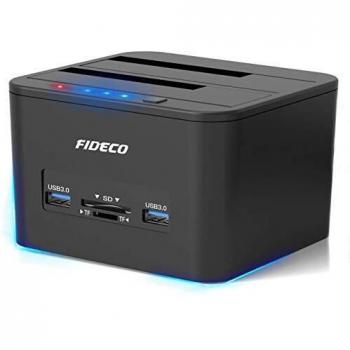 FIDECO Base de Conexión USB 3.0 Estación de Acoplamiento del Disco Duro de Doble Bahía para SATA de 2,5 y 3,5, Función de Clonación sin Conexión, Soporte TF & SD y 2 x 16TB Discos Duros
