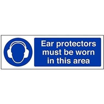 vsafety 41025 ax-s protectores de oído debe llevarse en esta zona obligatorio EPI señal, autoadhesivos, paisaje, 300 mm x 100 mm, color azul