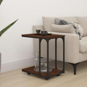Mesa auxiliar de madera multicapa con ruedas en color roble marrón, dimensiones 50x35x55,5 cm