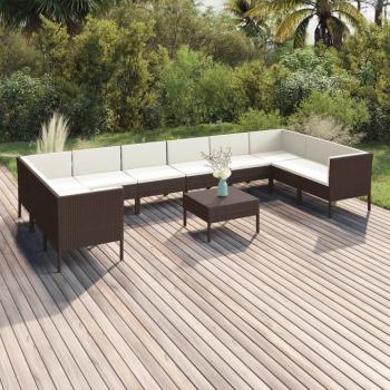 11-Piece Brown Poly Rattan Garden Lounge Set with Cushions