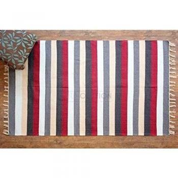 Alfombra de tejido reversible tejido 100% algodón orgánico con tintes vegetales. Estampado a rayas multicolor. Tapete. Medidas: 90x150 , Código: 00008