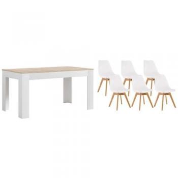 Pack Mesa Extensible de Comedor o Cocina Blanco y Cambria + 6 Sillas Nórdicas Blancas