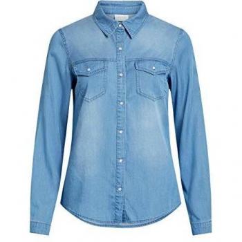Vila Women's Regular Fit Denim Shirt with Front Pockets - Medium Blue XS
