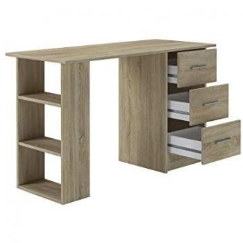 Mesa Escritorio DESKI, estilo minimalista, robusto y espacioso, con 3 cajones y 3 estantes, gran capacidad de almacenaje, fabricación europea, dimensiones 120x72x49 cm, color roble natural
