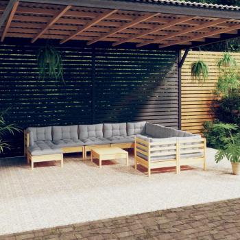 11-Piece Pinewood Garden Lounge Set with Gray Cushions