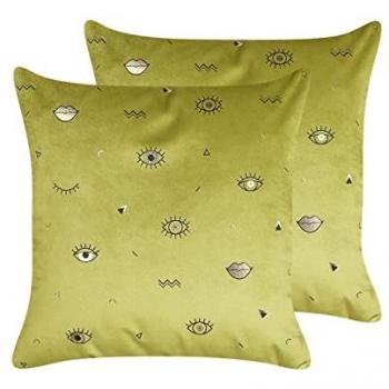 Conjunto de 2 cojines decorativos de terciopelo verde oliva y negro con motivo ojo, 45 x 45 cm Aeonium