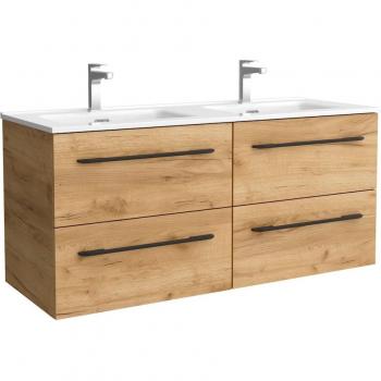 Mueble de baño Morai 120 cm con 4 cajones, lavabo de porcelana, acabado en roble y tirador negro