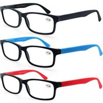 MODFANS Pack de 3 Gafas de Lectura 1.5/Gafas para Presbicia Hombres/Mujeres,Buena Vision Ligeras Comodas,Vista de Cerca/Vista Cansada,Colores Negro-Rojo-Azul