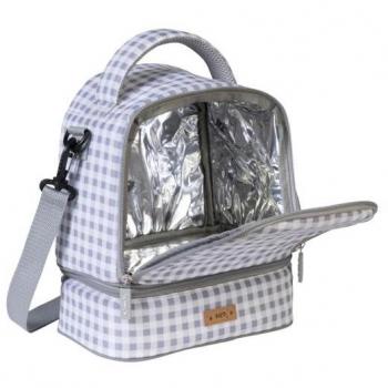 Bolsa Térmica Saro Baby con Compartimentos, Asa de Transporte y Bandolera Gris/Rosa Vichy