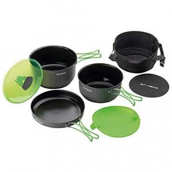 Juego de Ollas para Camping Optimus Terra Camp 4 - Aluminio Anodizado, 7 Piezas, Antiadherente Cerámico