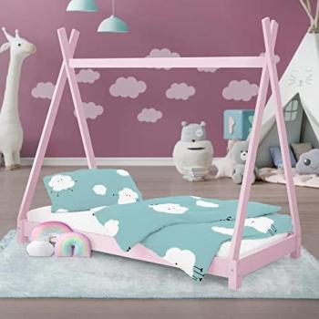 Cama Infantil Tipi Indio 80x160 cm de Madera de Pino Rosa con Somier y Estructura en Forma de Casa