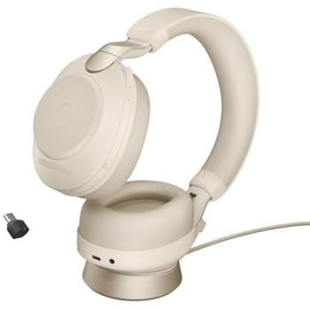 Auriculares Jabra Evolve2 85 UC Estéreo Inalámbricos y Alámbricos con Soporte de Carga, Adaptador Bluetooth USB-C, Color Beige, Cancelación Activa de Ruido