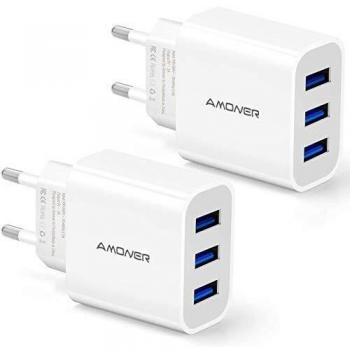 Amoner Cargador USB de Pared con 3 Puertos Cargador USB 3A Una Corriente Máxima de 2,4A Cargador Móvil para Todos Los Tipos de Celular 2 Packs