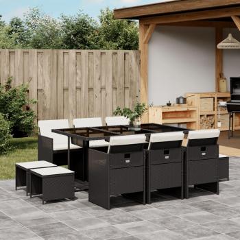 Set de almuerzo de jardín 11 piezas con almohadas de polyrattan negro