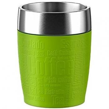 Emsa Travel Mug - Taza térmica de 0,2 l, mantiene la temperatura, acero inoxidable con base antideslizante y zona de agarre de silicona con letras grabadas, color verde