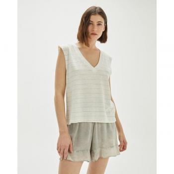 Camiseta De Mujer Con Rayas Doradas System Action - Modelo Ct315_Crudo