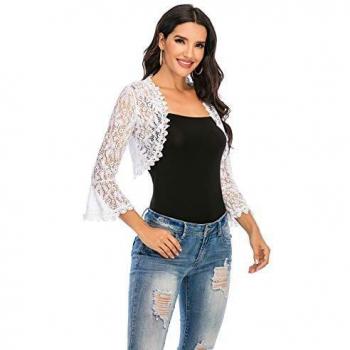 Enjoyoself Women Shrugs Casual Lace Flare Sleeve Lightweight Open Front Bolero Cardigan White