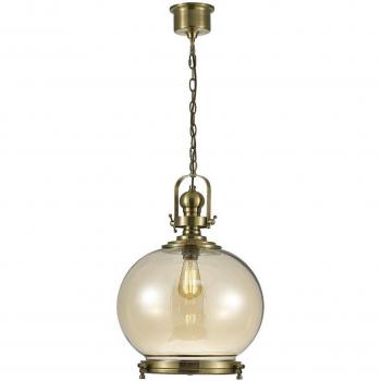 Lámpara de suspensión Riley, 1 bombilla E27, latón antiguo y cristal coñac, diseño en forma de globo grande
