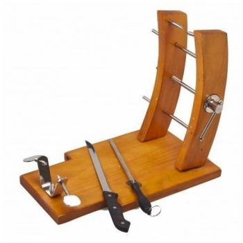 Fackelmann Soporte Jamonero, Tipo Góndola, Madera de Pino, Color Caramelo, Kit que Incluye Cuchillo Jamonero, Óptimo para Jamones y Paletillas, 35x16 cm, 1 ud
