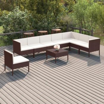 9-Piece Brown Poly Rattan Garden Lounge Set with Cushions