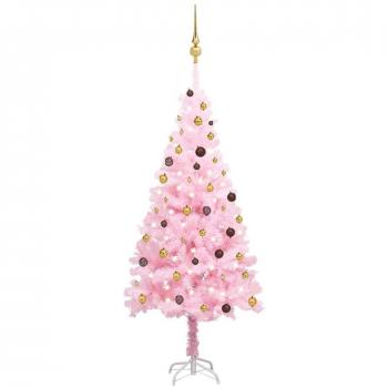 Árbol de Navidad artificial preiluminado con LEDs y bolas PVC rosa 210 cm