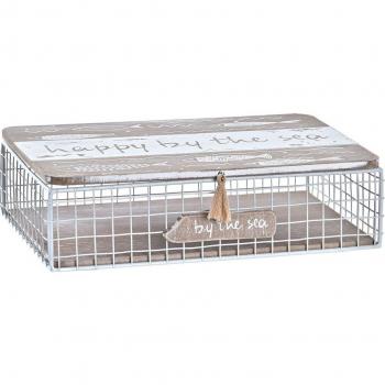 Caja Decorativa Blanco Marrón Madera Metal 24 x 16 x 6 cm