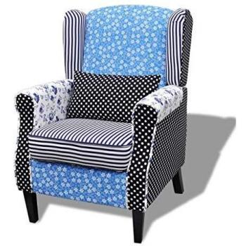 vidaXL Sillón de Salón Diseño Retales Patchwork Estampado Azul Blanco Asiento