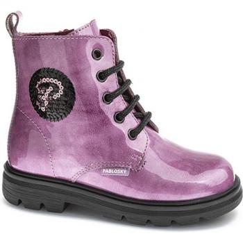 Pablosky - Botas de niña de piel con cordones y cremallera, tipo militar en charol con detalle de lentejuelas