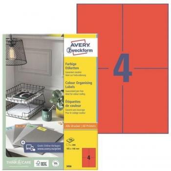 Etiquetas Universales Avery Zweckform 3456 Rojas, 105 x 148 mm, Paquete de 400 Etiquetas en 100 Hojas A4
