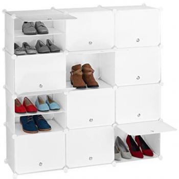 Mueble Zapatero Modular de Plástico Blanco, Armario Organizador con 24 Compartimentos y Puertas, Estantería Cubo 125x125x32 cm - Relaxdays