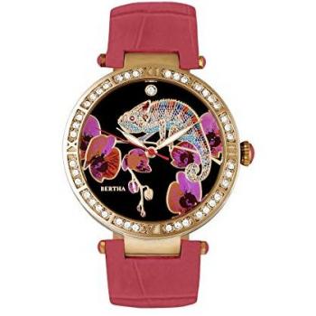 Bertha Camilla Coral Mother-of-Pearl Leather-Band Watch with Crystals