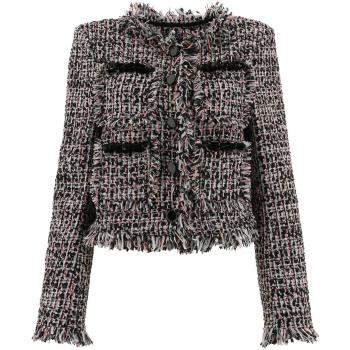 Self-Portrait Women's Black Boucle Tweed Jacket with Bead Embellishment, Size 12