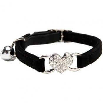 BINGPET BA3009 Collar ajustable de terciopelo suave con colgante de corazón de cristal y campanas