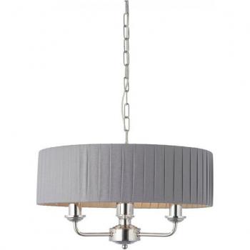Lámpara colgante Highclere de 3 luces en acero con acabado niquelado brillo y pantallas de tela en color madera