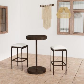 3-Piece Brown Poly Rattan Garden Bar Set with Cushions