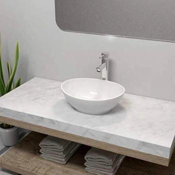 vidaXL Lavabo de Baño Ovalado con Grifo Mezclador de Cerámica Blanco Lavamanos