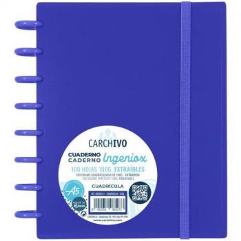 Cuaderno Ingeniox A5 100 Hojas Cuadrícula Azul Oscuro con Separadores Extraíbles, Espiral, Tapas de Polipropileno Semi-Rígido y Cierre con Goma