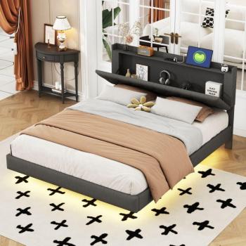 Cama Doble Tapizada de 160x200 cm con Luz LED y Puerto de Carga USB, Tela de Lino Suave, Color Gris